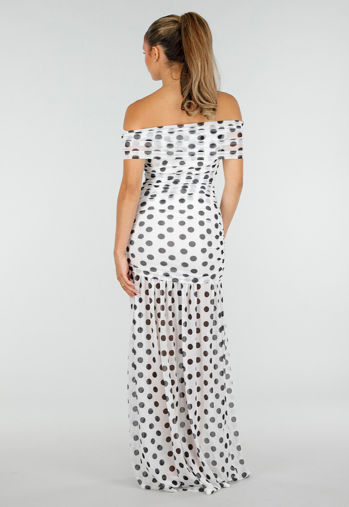 Witte Mesh Polkadot Maxi Jurk met Split