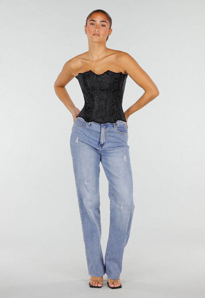 Zwart Korset met Jacquard Print, Baleinen en Vetersluiting
