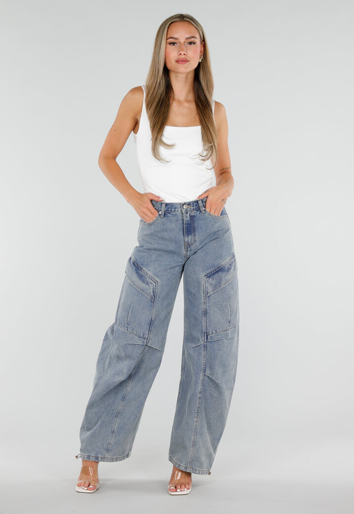 Lichtblauwe Balloon Jeans met Trekkoord en Hoge Taille