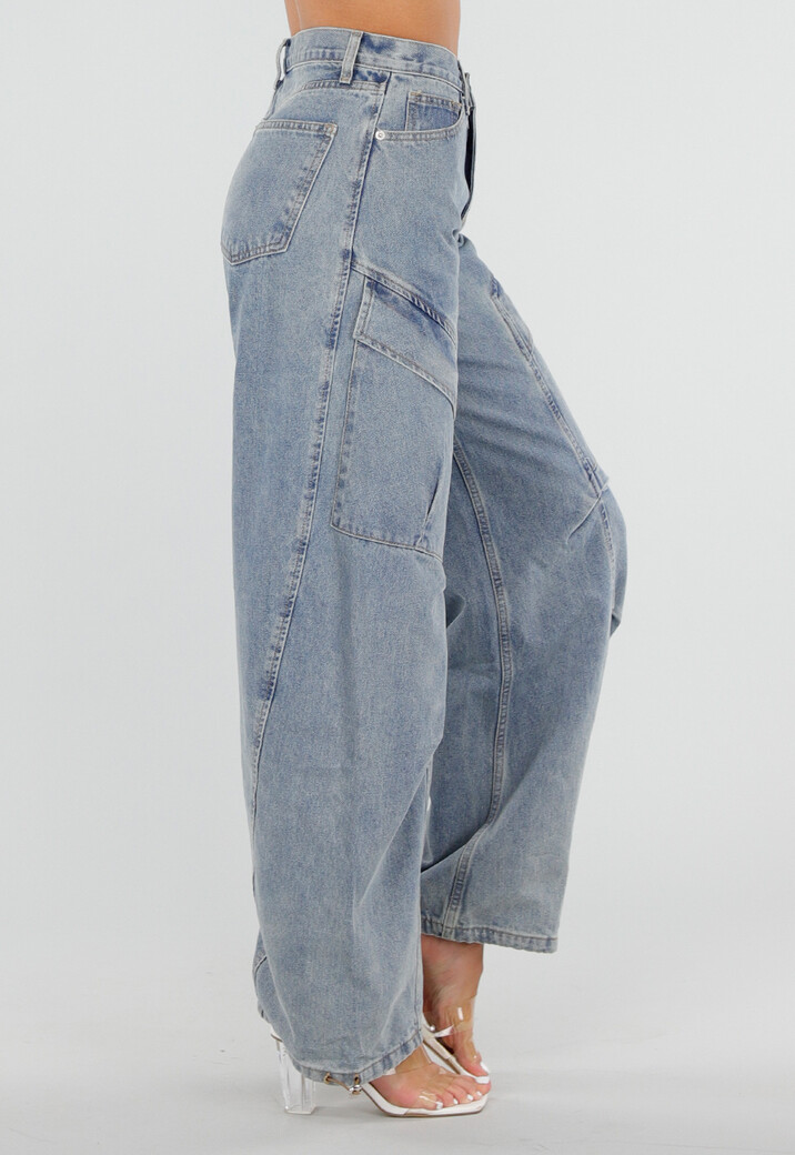 Lichtblauwe Balloon Jeans met Trekkoord en Hoge Taille