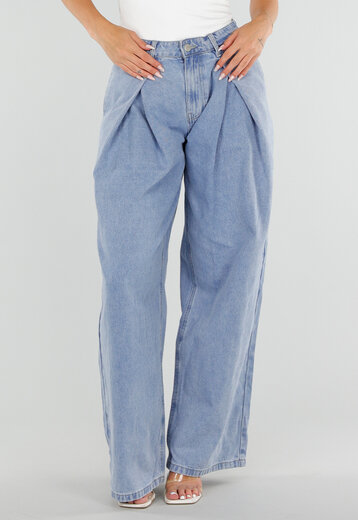 Lichtblauwe Wide Leg Jeans met Plooidetail