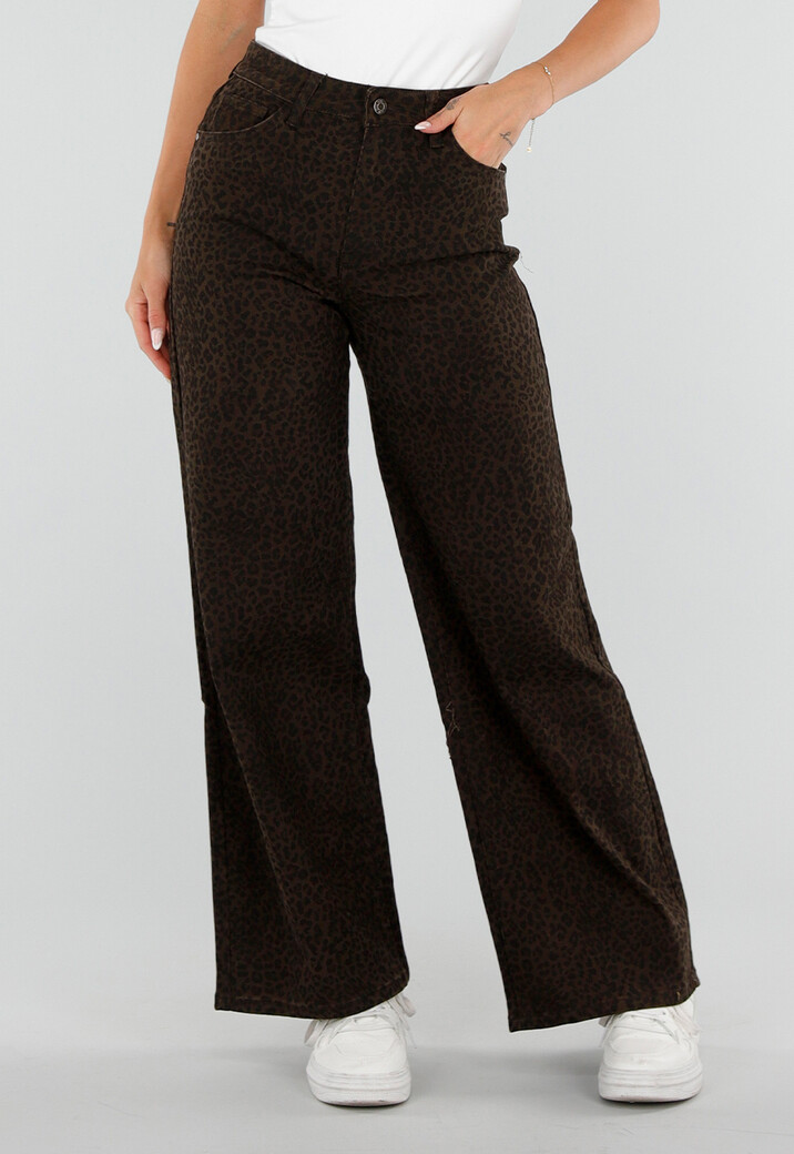 Bruine Wide Leg Jeans met Luipaardprint en Stretch