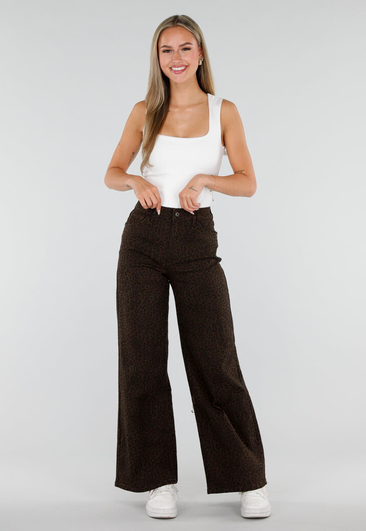 Bruine Wide Leg Jeans met Luipaardprint en Stretch