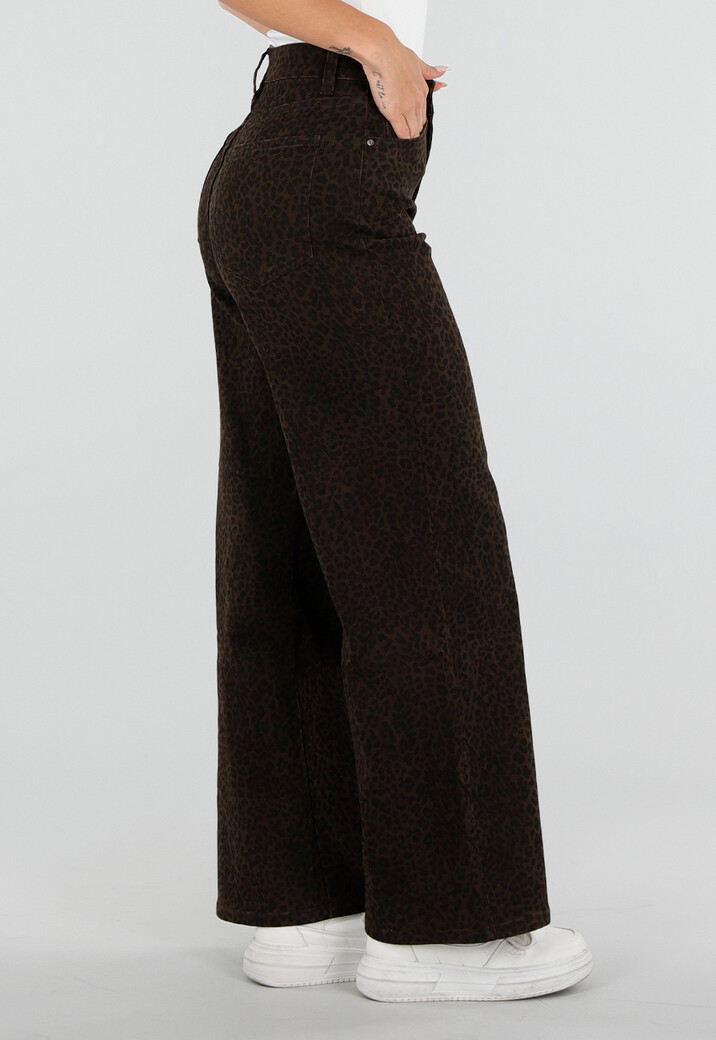 Bruine Wide Leg Jeans met Luipaardprint en Stretch