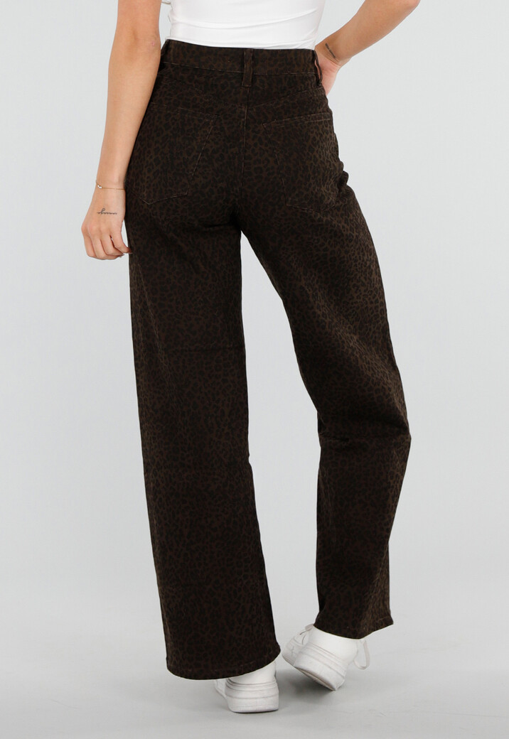 Bruine Wide Leg Jeans met Luipaardprint en Stretch