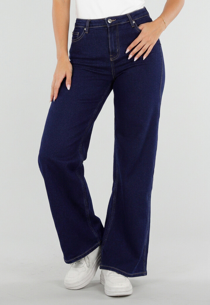 Donkerblauwe Wide Leg Jeans met Hoge Taille en Stretch