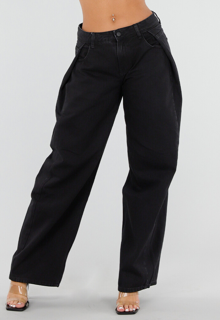 Zwarte Barrel Jeans met Hoge Taille en Plooien