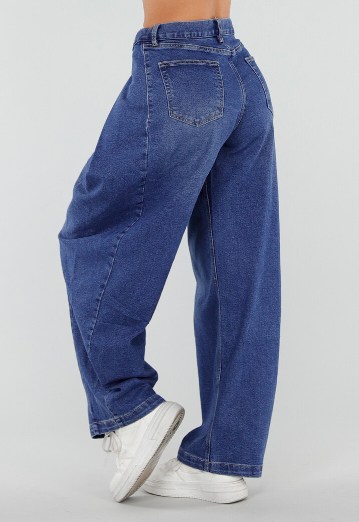 Blauwe Barrel Jeans met Drukknoopdetails en Verstelbare Plooien