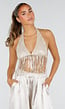 Gouden Pailletten Halter Top met Franjes en Open Rug