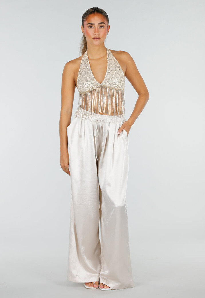 Gouden Pailletten Halter Top met Franjes en Open Rug