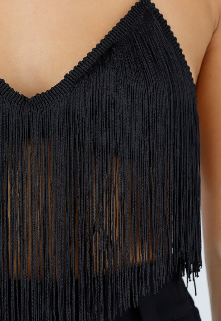 Zwarte Fringe Halter Top met Lange Franjes en Open Rug
