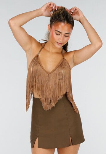 NEW290726 Bruine Fringe Haltertop