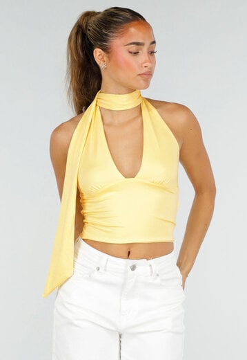 NEW290726 Gele Halter Crop Top met Open Rug