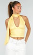 Gele Halter Crop Top met Open Rug en Diepe V-Hals