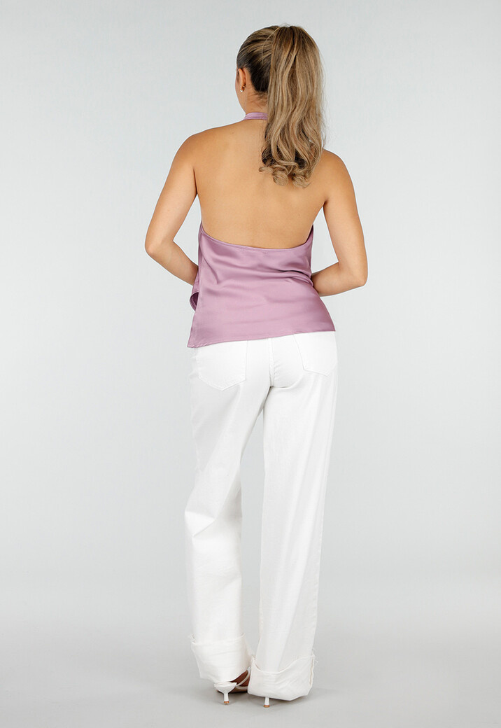 Lila Halter Wikkel Top met Open Rug en Asymmetrische Zoom