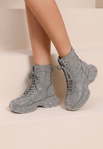 Zilveren Glitter Sneakers met Hoge Schacht