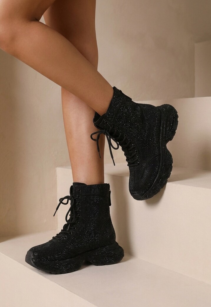Zwarte Glitter Sneakers met Hoge Schacht en Veters