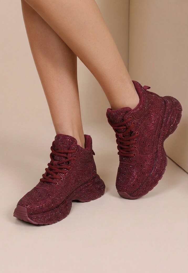 Bordeaux Glitter Sneakers met Hoge Schacht en Veters