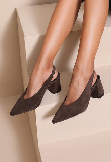 NEW290726 Bruine Suède Slingback Pumps met Blokhak