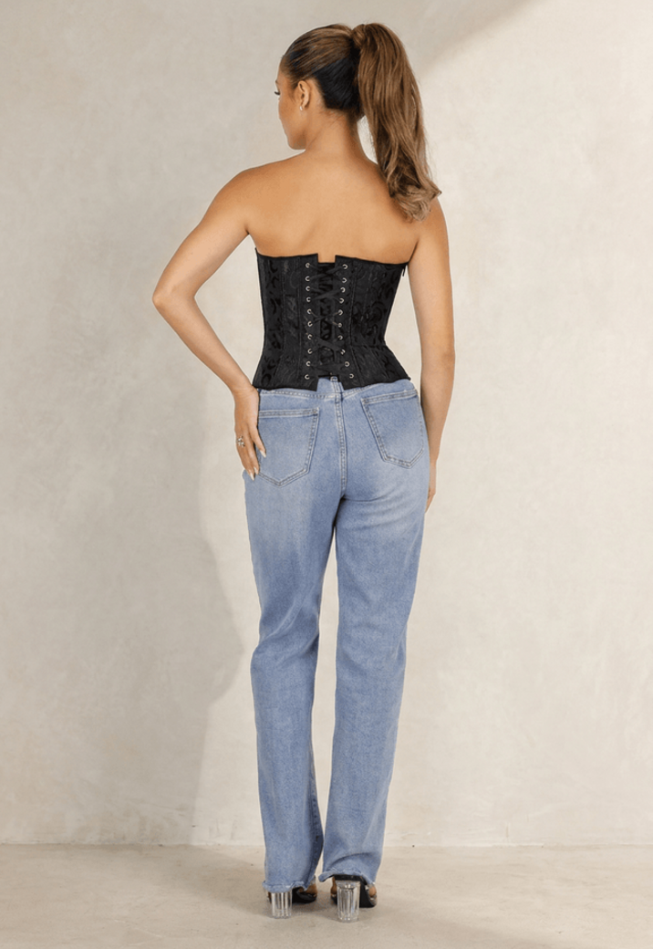 Zwart Korset met Jacquard Print, Baleinen en Vetersluiting