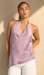 Lila Halter Wikkel Top met Open Rug en Asymmetrische Zoom