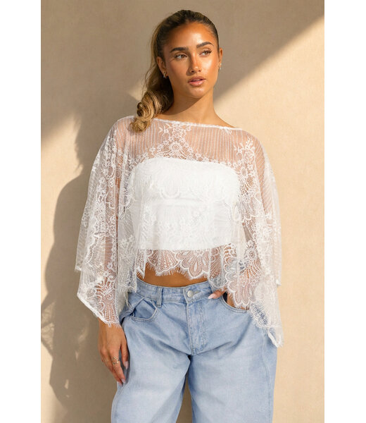 NEW290726 Witte Kanten Crop Top met Wijde Mouwen