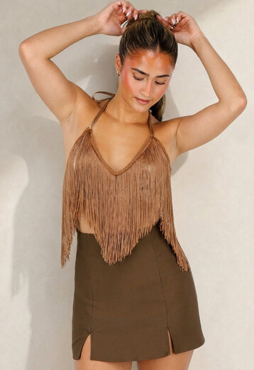 NEW290726 Bruine Fringe Haltertop