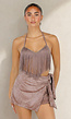 Taupe Fringe Halter Top met Lange Franjes en Open Rug