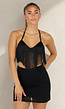 Zwarte Fringe Halter Top met Lange Franjes en Open Rug