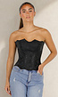 Zwart Korset met Jacquard Print, Baleinen en Vetersluiting