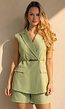 Lichtgroene Mouwloze Blazer en Tailored Short Set met Riem