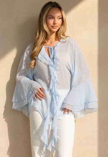 Lichtblauwe Chiffon Blouse met Ruches