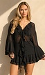 Zwarte Chiffon Blouse met Ruches en Knoopsluiting