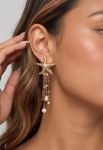 NEW050826 Gouden Zeester Oorbellen met Parels