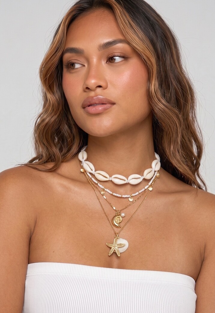 Gouden Kettingen Set met Schelpen, Zeester en Kralen