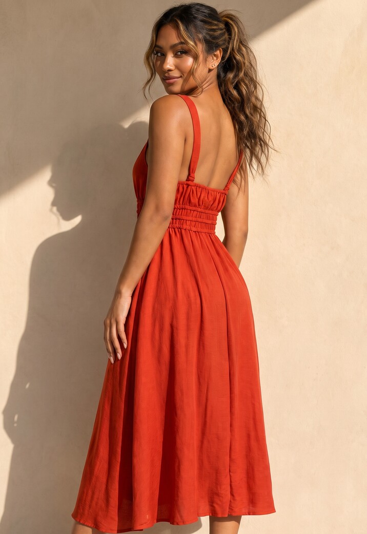 Oranje Midi Jurk met Brede Schouderbanden en Stretch Taille