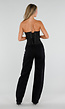 Zwart Gestreept Strapless Korset met Vetersluiting en Rits