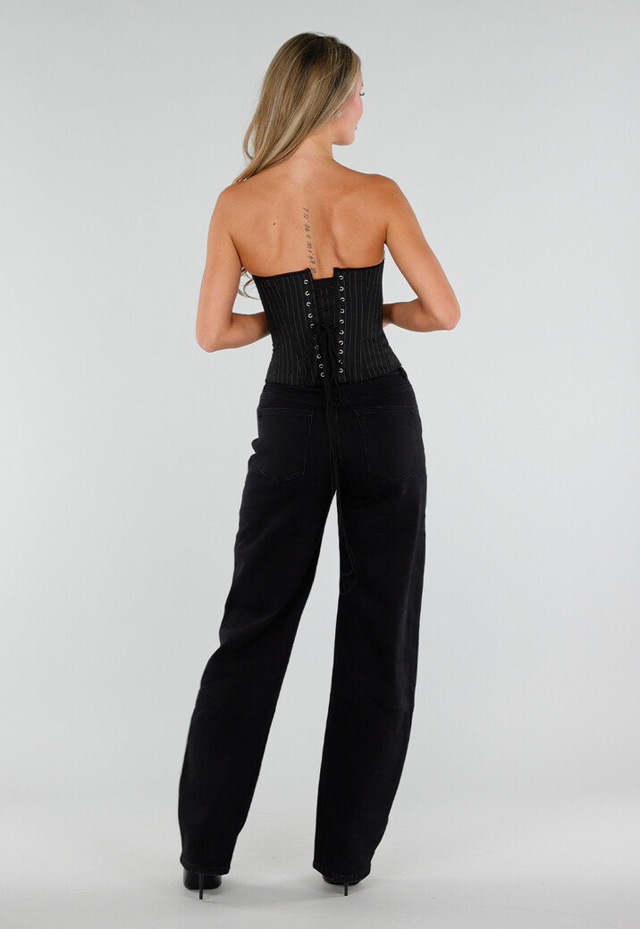 Zwart Gestreept Strapless Korset met Vetersluiting en Rits