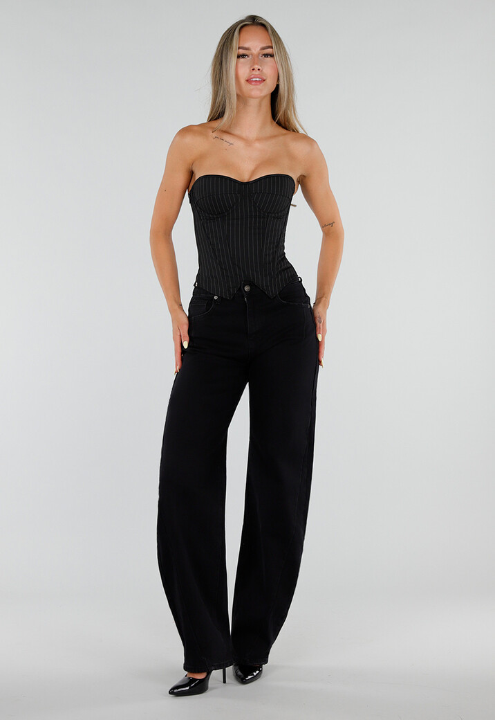 Zwart Gestreept Strapless Korset met Vetersluiting en Rits