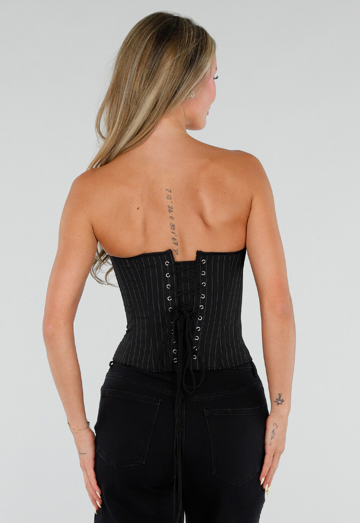 Zwart Gestreept Strapless Korset met Vetersluiting en Rits