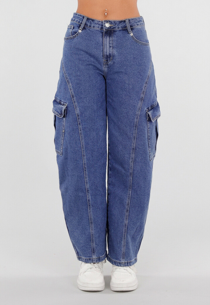 Blauwe Cargo Barrel Jeans met Opgestikte Zakken