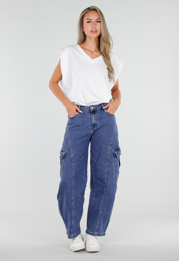 Blauwe Cargo Barrel Jeans met Opgestikte Zakken