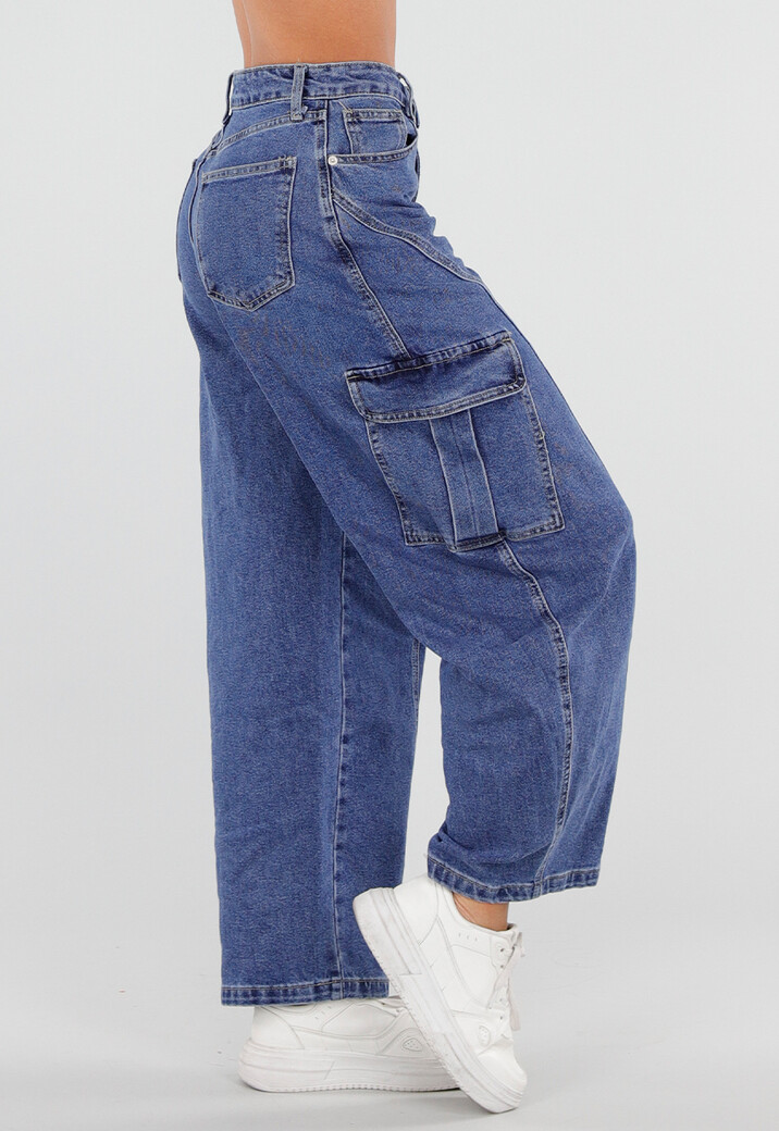 Blauwe Cargo Barrel Jeans met Opgestikte Zakken