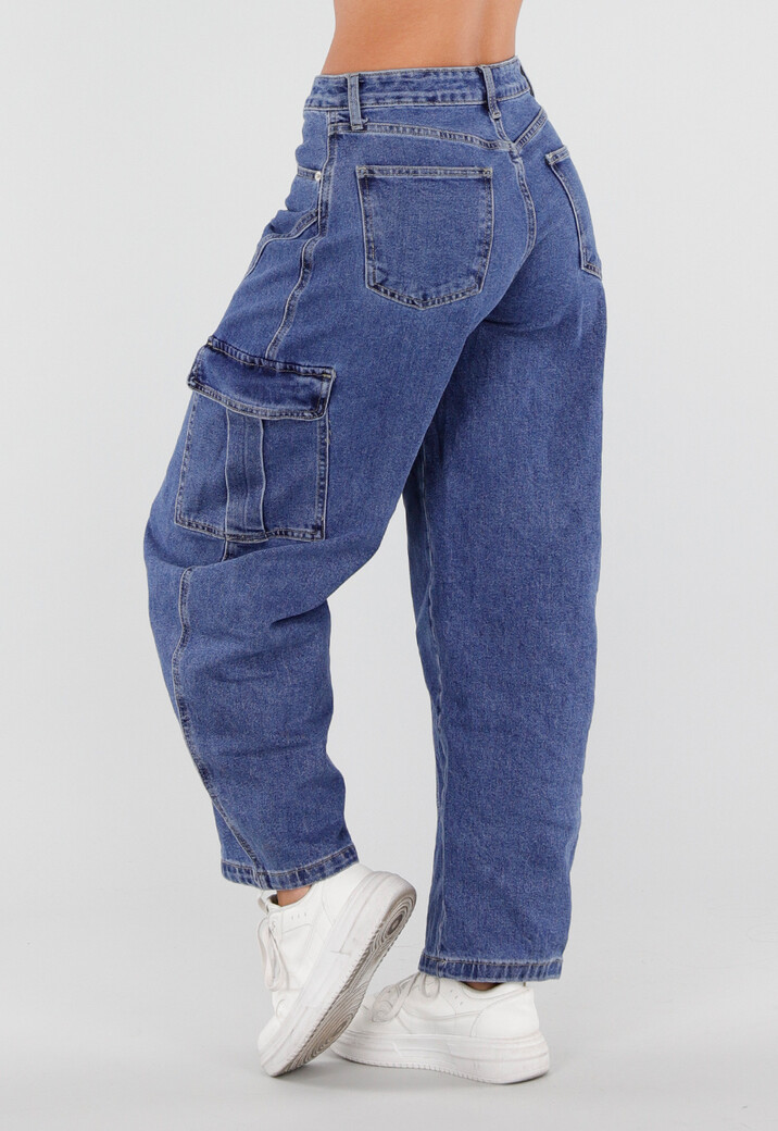 Blauwe Cargo Barrel Jeans met Opgestikte Zakken
