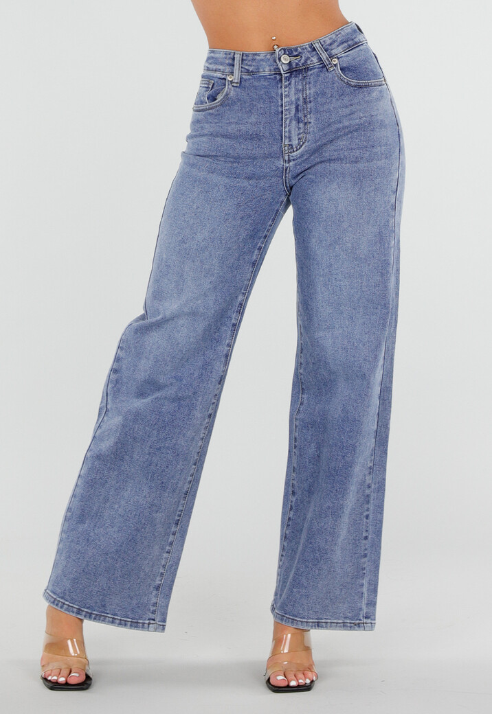 Blauwe Wide Leg Jeans met Ster Achterzak en Lichte Stretch