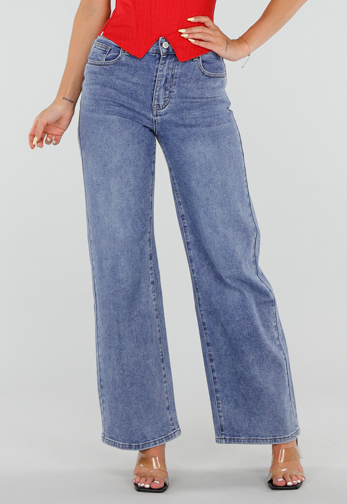 Blauwe Wide Leg Jeans met Ster Achterzak en Lichte Stretch