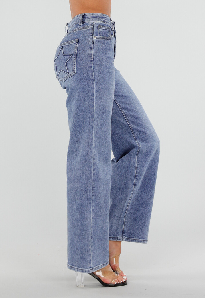 Blauwe Wide Leg Jeans met Ster Achterzak en Lichte Stretch