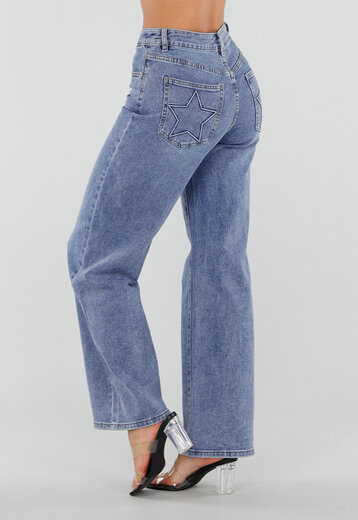 Blauwe Wide Leg Jeans met Ster Detail