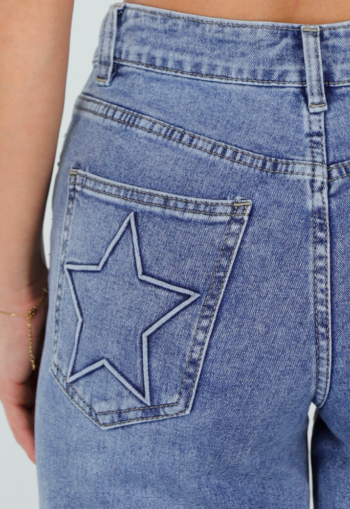 Blauwe Wide Leg Jeans met Ster Achterzak en Lichte Stretch