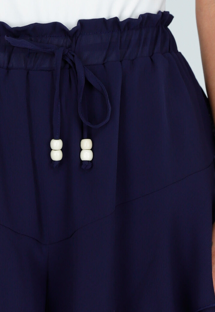 Donkerblauwe Ruffle Skort met Elastische Taille en Strikkoord